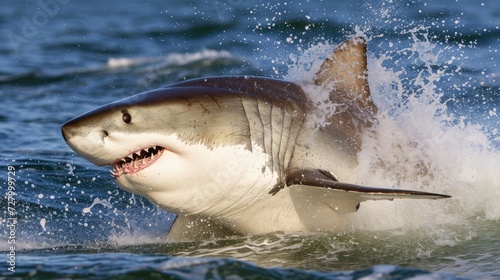 A shark, its mouth opened wide in a predatory grin, is captured mid-hunt in the vastness of the ocean.