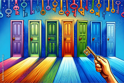 A series of doors with colorful keys, each representing a different coping mechanism or support system for managing mental health challenges - Generative AI photo