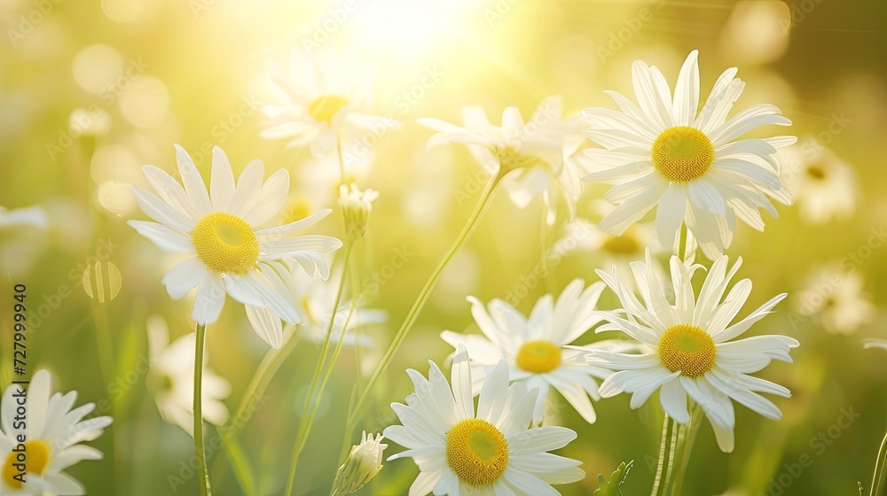 A field with blooming white daisies in the sunlight. Fresh spring or summer flowers. Nature background. Illustration for banner, postcard, greeting card, postcard, poster, cover or presentation.
