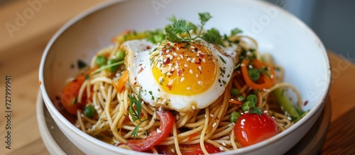 Delicious Noodle Served with Tantalizing Vegetables and Perfectly Poached Egg: A Delectable Dish for Noodle Lovers photo