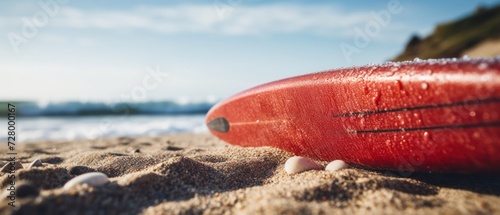 Red surfboard lying on the sand on the seashore. Surfboards on the beach. Vacation and Travel Concept with Copy Space.