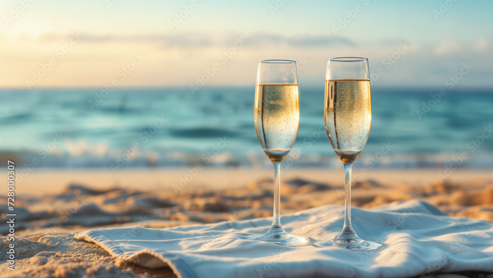 Two glasses of champagne on a cloth at the sandy beach with the sea in the background, reflecting the sun - obrazy, fototapety, plakaty 