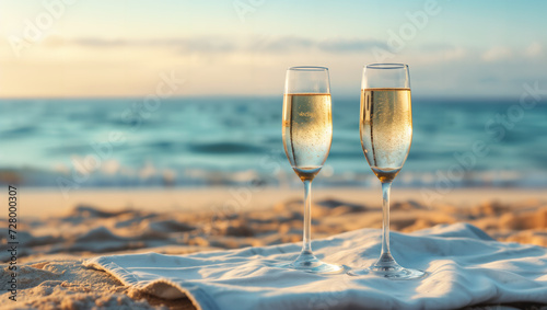 Two glasses of champagne on a cloth at the sandy beach with the sea in the background, reflecting the sun