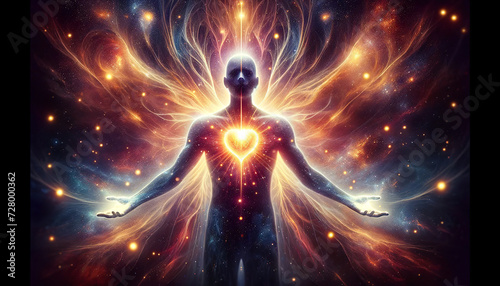A cosmic silhouette of a human with a heart-shaped light at the chest, surrounded by a nebula and stars, symbolizing spirituality and the universe.Spirituality concept.AI generated.