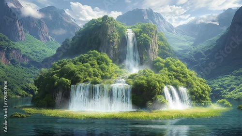Fantasy waterfall with the enviroment in the magical nature forest animation looping video background