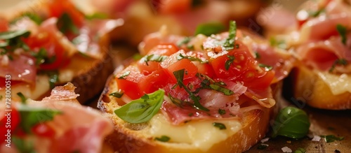Delicious Close-Up of Bruschetta with Ham, Cheese, and Tomato showcasing the Perfect Harmony of Bruschetta, Ham, Cheese, Tomato, up close and personal