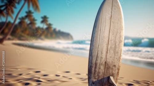 Surfboard on the beach with palm trees and sand in the background. Surfboards on the beach. Vacation and Travel Concept with Copy Space. © John Martin