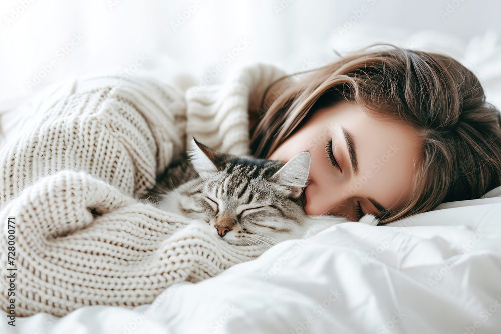 smiling woman gently cuddling with her fluffy cat on peaceful morning, serene affection in white linen on cozy bed at home. smiling woman gently cuddling with her fluffy cat on peaceful morning, serene affection in white linen on cozy bed at home.