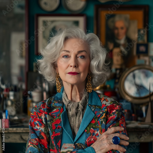  Elderly woman with silver hair, exuding sophistication and confidence, seated amongst an eclectic collection of vintage items and artworks.