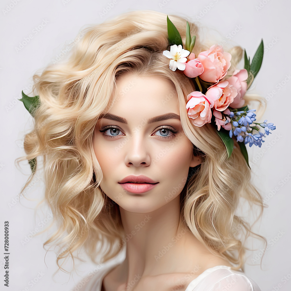 A young blonde woman with a hairstyle of spring flowers in her hair on a white solid background. Feminine beauty portrait, makeup, hairstyle, stylist, feminine energy. 