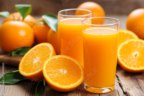Ripe bio oranges and a glass of fresh squeezed orange juice , concept healthy eating, concept wellbeing