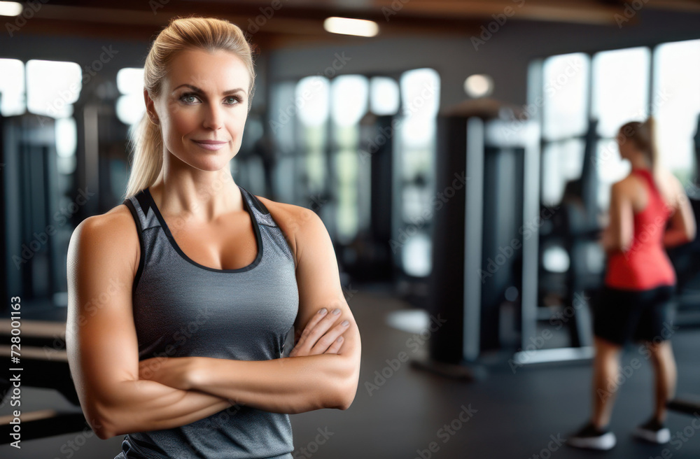 Portrait of a female trainer in the gym. Low key portrait. AI generated.