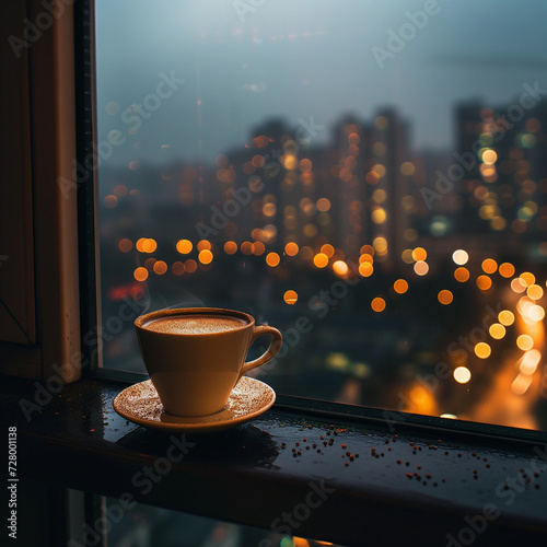 cup of coffee,  view of the city at night from the balcony
