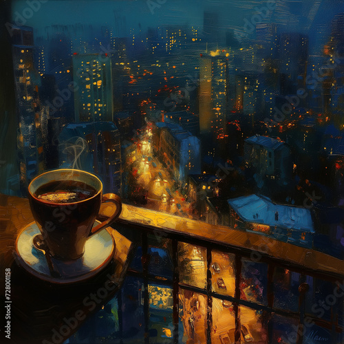 cup of coffee,  view of the city at night from the balcony