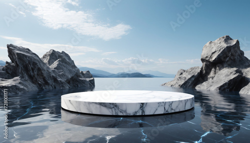 “Product Showcase, Marble Platform Amidst Calm Waters and Rocky Terrain, Keywords: Serenity, Elegance, Luxury, Nature