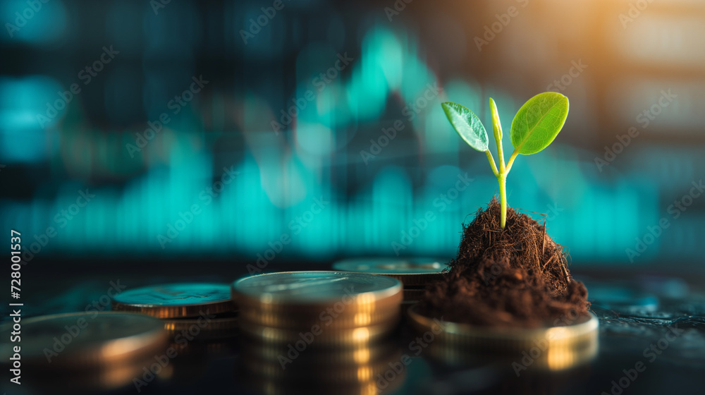 Stack of coins with plant sprout growing from it. With stock market price chart as background. Effect of saving and investing on growing returns in the financial market.  - obrazy, fototapety, plakaty 