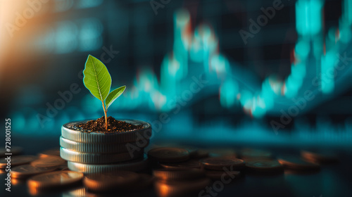 Stack of coins with plant sprout growing from it. With stock market price chart as background. Effect of saving and investing on growing returns in the financial market. 