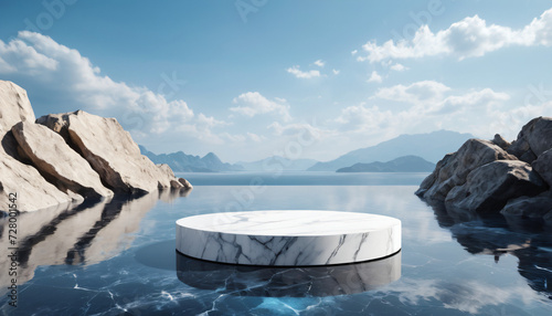 Luxury Outdoor Bathing Display, Marble Tub Amidst Serene Lake and Mountains, Keywords: Relaxation, Nature, Spa, Luxury