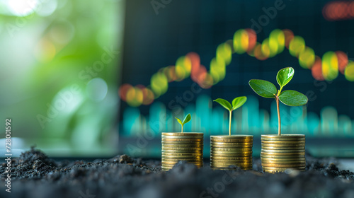 Stack of coins with plant sprout growing from it. With stock market price chart as background. Effect of saving and investing on growing returns in the financial market. 