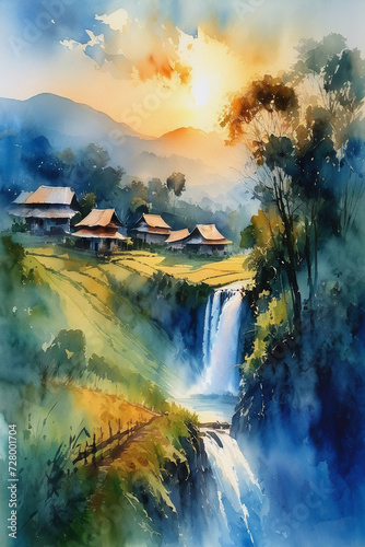  Watercolor Sunrise Serenity ,Morning in countryside © ahmad