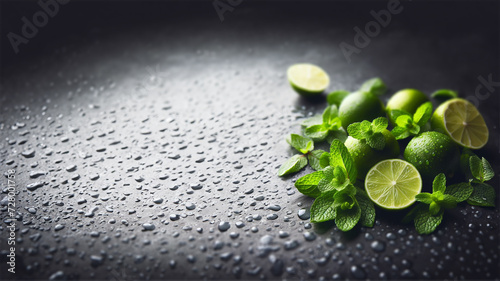 frische grüne Minze und saftige Limetten auf einem schwarzer Hintergrund voller kühler Wasser Tropfen, Zitrus und  aromatische Pfefferminz als Zutat gesunder Ernährung, Essen, Diät, Wohlbefinden © www.barfuss-junge.de