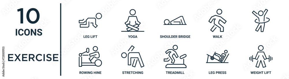 Vecteur Stock exercise outline icon set such as thin line leg lift ...