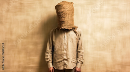 A mysterious portrait depicting a man with a paper bag on his head, evoking a kidnapping concept. A dramatic and intriguing image for various themes.