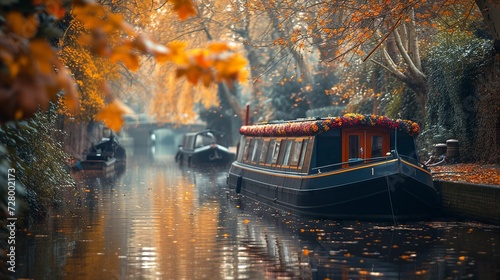 Fotografia Decorated boat on a calm canal with autumn leaves in a picturesque setting