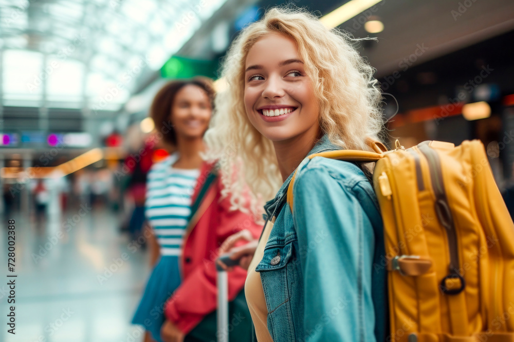 two young female tourist friends entering the airport with their suitcase,