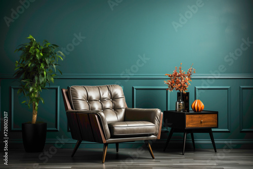 Relax in sophistication on a dark color single sofa chair paired with a cute little plant, against a refined solid wall featuring a blank empty frame for your creative touch.