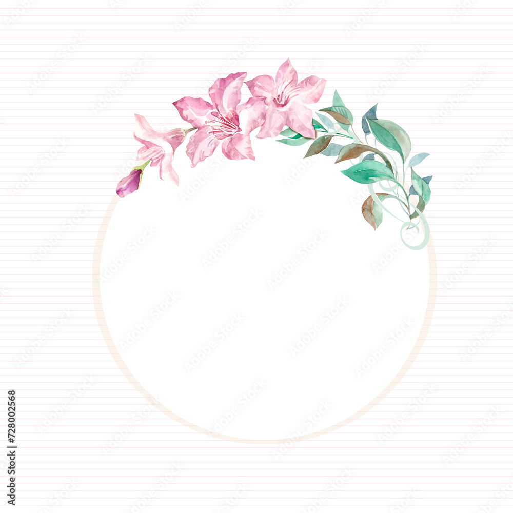 design element for greeting card with flowers in circle on white backdrop, birthday female, women's day, mother's day, wedding invitation,