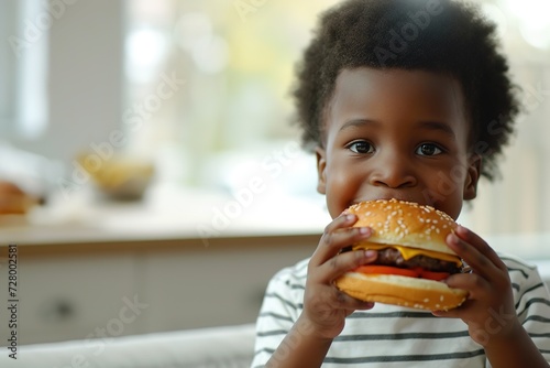 cheerful smiling black african american boy with big hearty burger  child eating enjoying homemade hamburger in sunny kitchen at home .