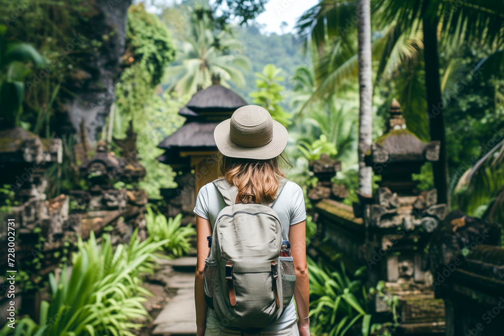 Woman with backpack exploring Bali, Indonesia.