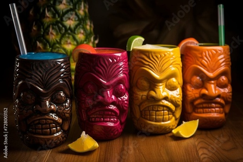 Enjoy drinks in Tahiti with a colorful tiki mask. Generative AI © Altair