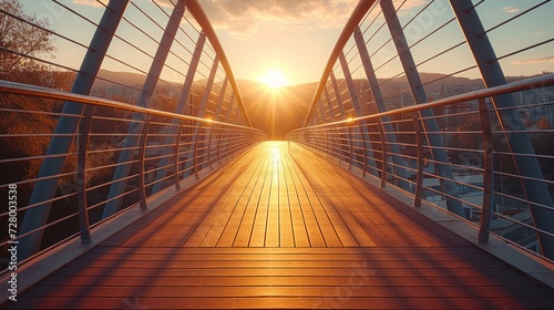 Sunset on a modern bridge creating a path of golden light in a picturesque setting