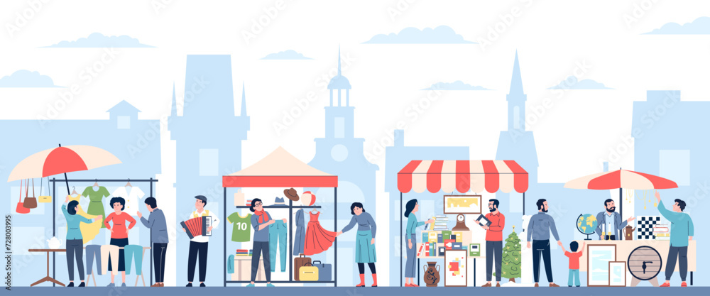 Garage sale event. Urban outdoor flea market. People sell used different things, furniture and home accessories. Seller and customer, recent vector scene