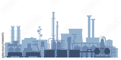 Factory silhouettes landscape. Gas, fuel or oil production. Cisterns and pipes, giant industrial complex. Isolated flat factories, recent vector banner