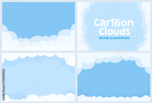 Blue Clouds Cartoon Background set. Vector sky design illustration. Abstract flat art with white cloudy shapes. Summer Wallpaper, Nature Scene, Sunny Day Graphic for Web, Game, Artistic Template