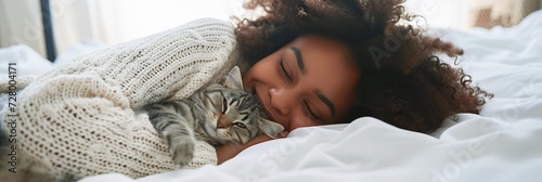 heartwarming embrace, joyful woman snuggling with her ginger cat in cozy, white bed, sharing moment of affection and comfort, pets lover owner. photo