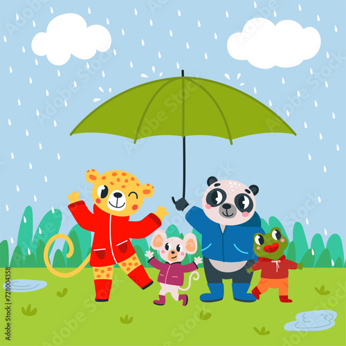 Fototapeta Naklejka Na Ścianę i Meble -  Animals at spring rain. Cute panda, leopard, mouse and frog stand together under giant umbrella. Funny friends, classy friendship vector concept