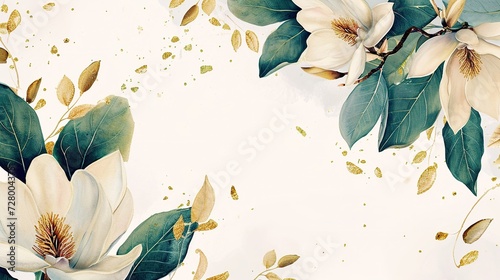 Watercolor frame from magnolia with gold leafs on white background. photo