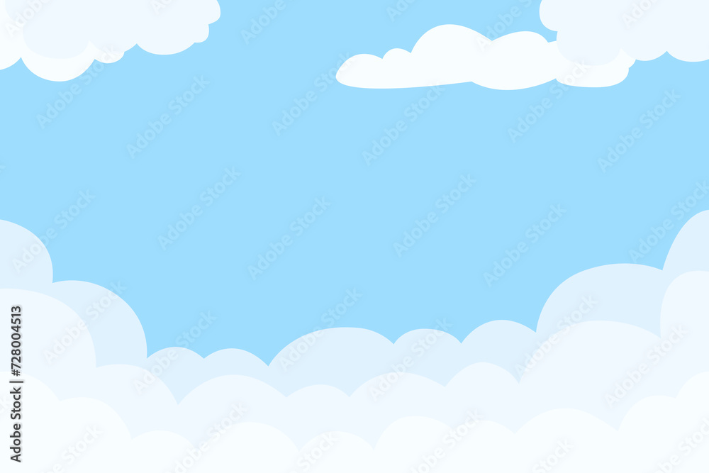 Blue Clouds Cartoon Background. Vector sky design illustration. Abstract flat art with white cloudy shapes. Summer Wallpaper, Nature Scene, Sunny Day Graphic for Web, Game, Artistic Template Blue Clouds Cartoon Background. Vector sky design illustration. Abstract flat art with white cloudy shapes. Summer Wallpaper, Nature Scene, Sunny Day Graphic for Web, Game, Artistic Template