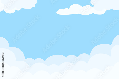 Blue Clouds Cartoon Background. Vector sky design illustration. Abstract flat art with white cloudy shapes. Summer Wallpaper, Nature Scene, Sunny Day Graphic for Web, Game, Artistic Template