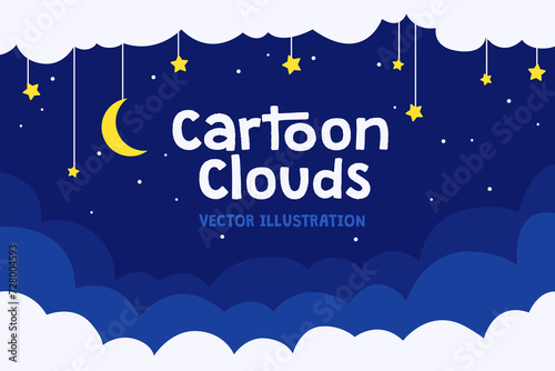 Dreamy night sky background. Cartoon style scene with white fluffy clouds, moon and stars. Relaxing cute midnight sky scenery. Starry Night, Stylish Graphic for Web, Game, Artistic Template.