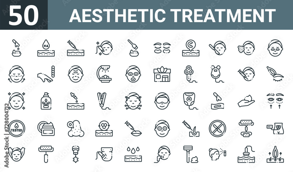 set of 50 outline web aesthetic treatment icons such as wax, hyaluronic