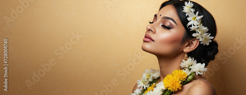 A young brunette Indian woman with a hairstyle of spring flowers in her hair on a solid background. Feminine beauty portrait  makeup  hairstyle  stylist  feminine energy