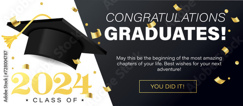 Class of 2024 Vector Illustration. Congratulations Graduates template for banner, invitation, greeting card. Graduation ceremony elegant design with Graduation Cap. Gold, black and white colors.