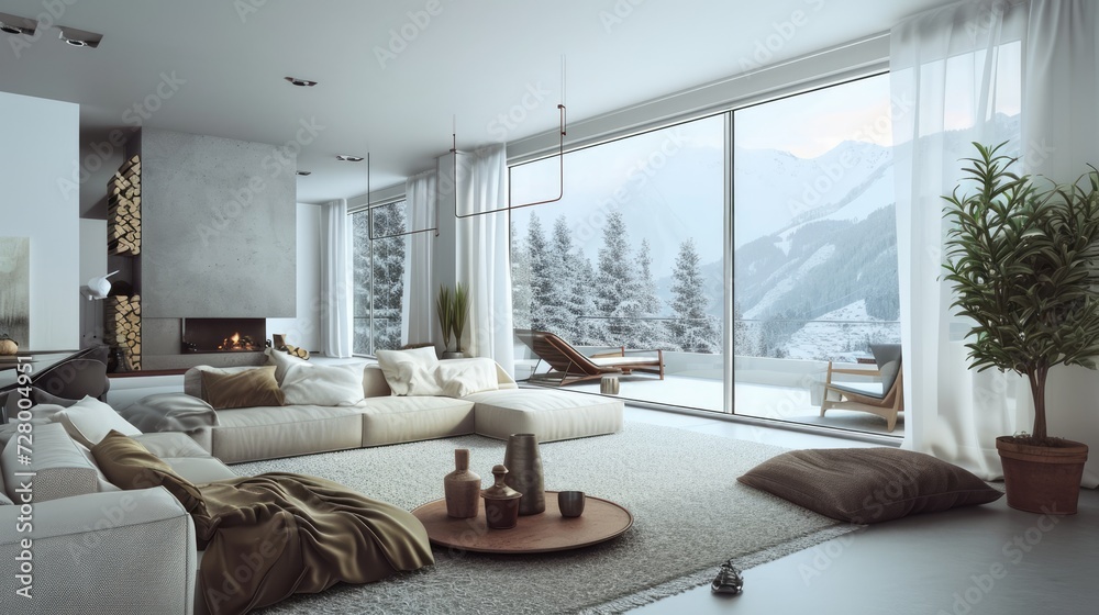 Fototapeta premium A stunning apartment interior features a grand window framing an enchanting mountain view, providing a peaceful and scenic backdrop.