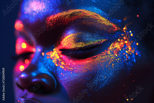 Skin Aglow with Alien Hues, Epoxy Glow Waves Pulse in Fluorescent Trance. Neon Whispers Secrets from Tattooed Constellations, Monochrome Mystery Unveiled Afro-Caribbean Fire