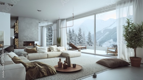 A stunning apartment interior features a grand window framing an enchanting mountain view, providing a peaceful and scenic backdrop.